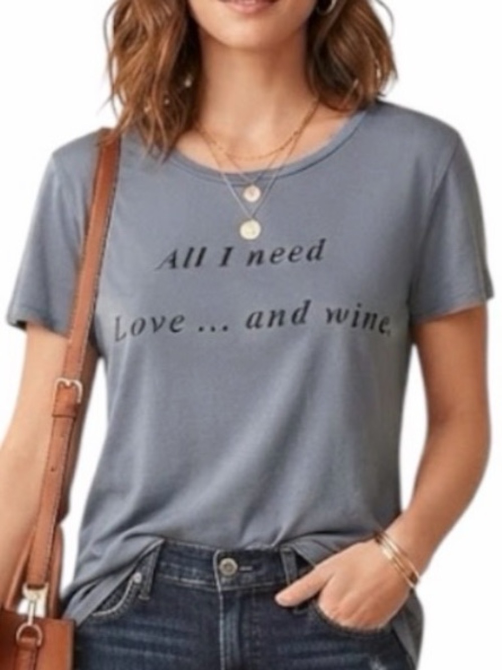 GAZE USA All You Need Is Love & Wine Print Tee/Top With Cap Sleeves Blue Small